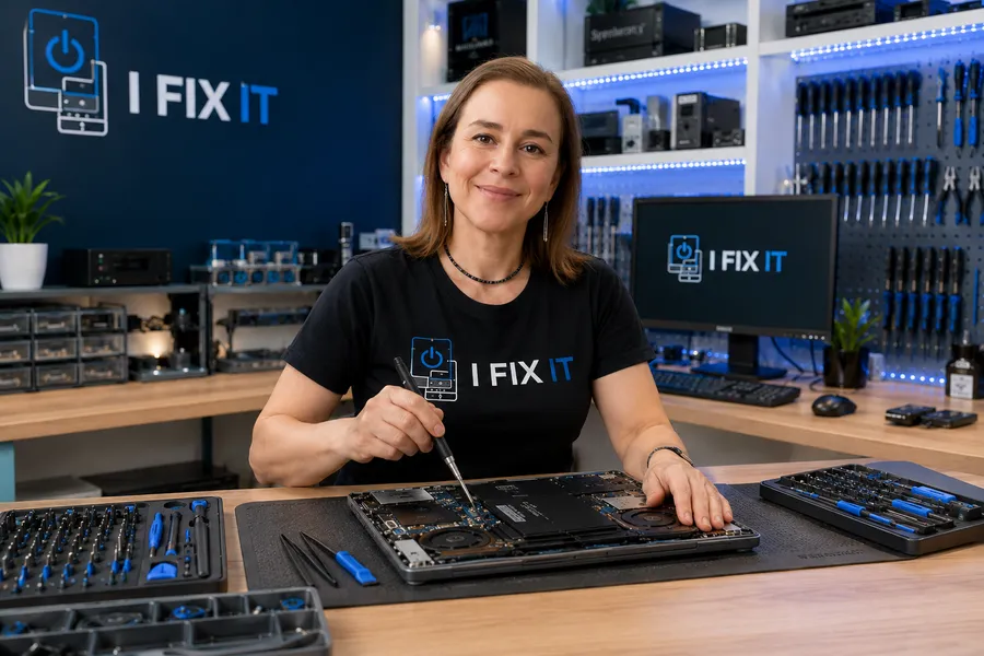Iris, oprichter van ifixIT, in haar werkplaats