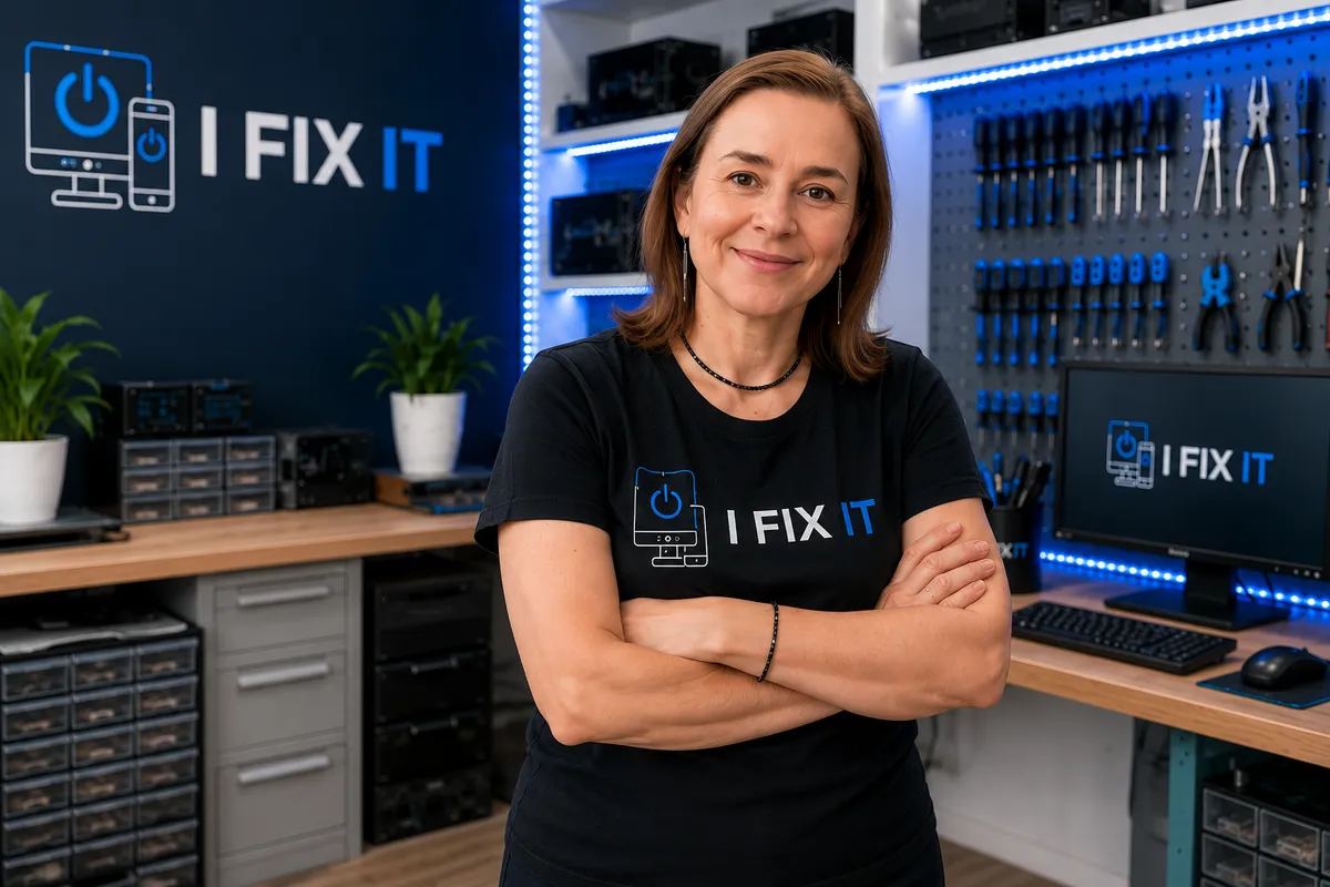 Iris, oprichter van ifixIT, herstelt een laptop in haar werkplaats