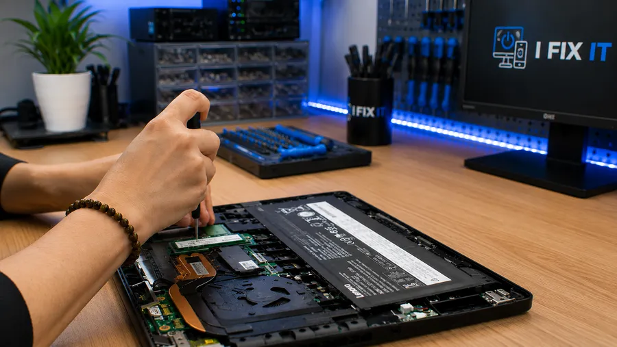 Close-up van een herstelling: onderdelen van een geopende laptop bij ifixIT